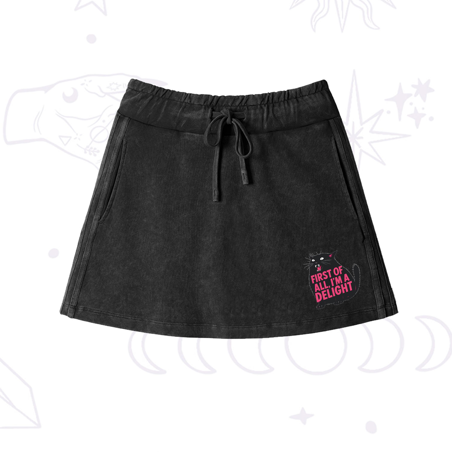 Purplehecate First Of All I'm A Delight Cat Washed Drawstring Mini Skirt