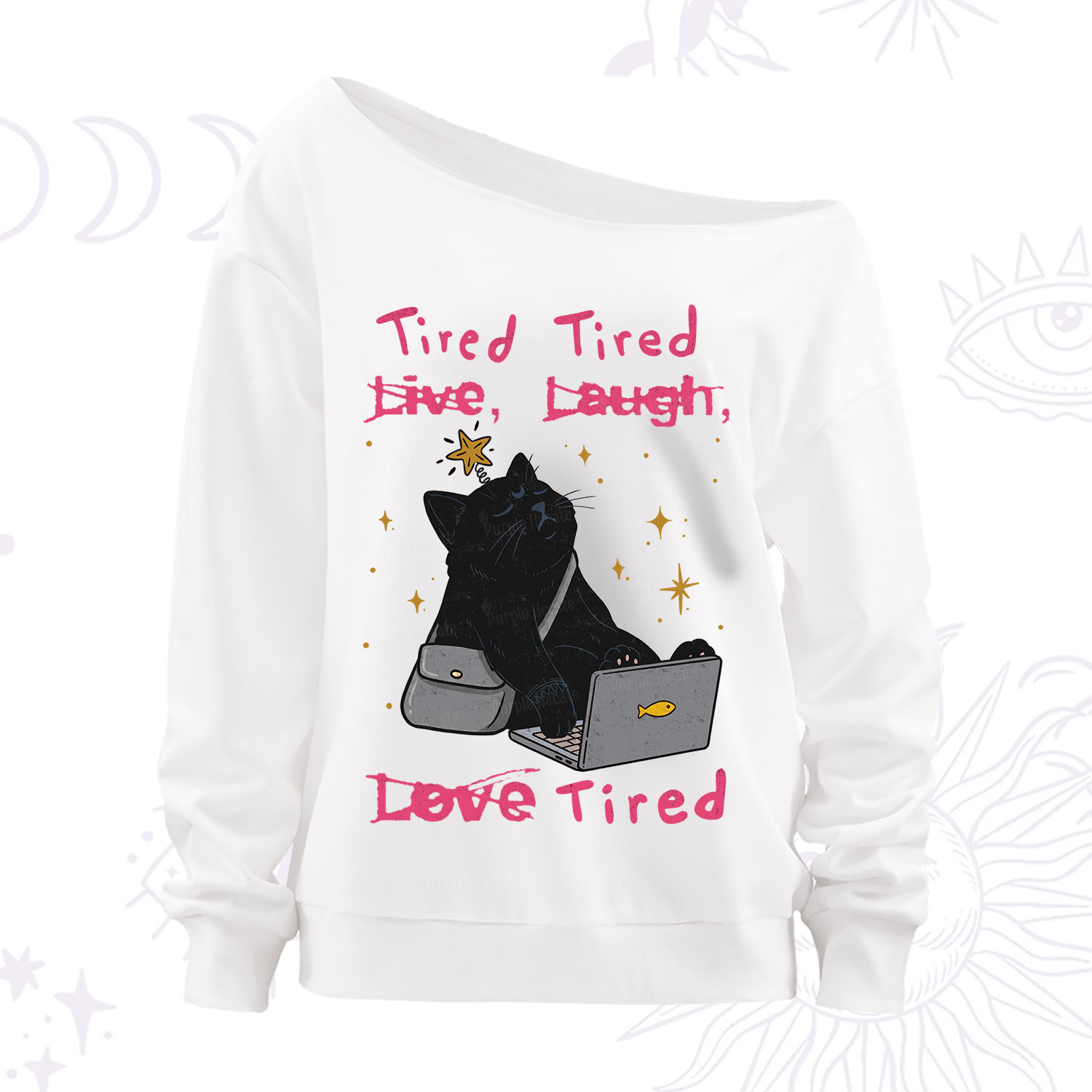 Purplehecate Tired Cat Off The Shoulder Sweatshirt