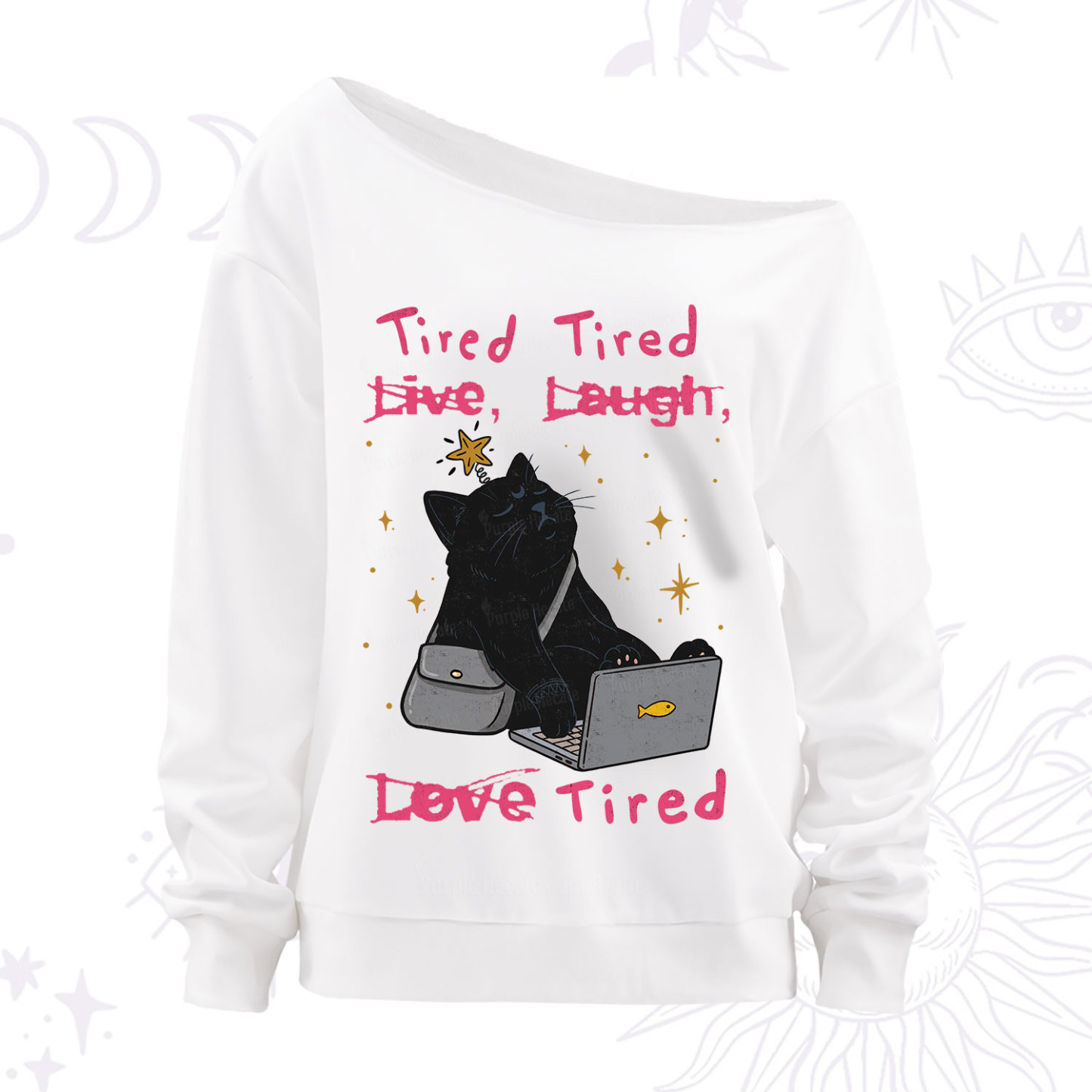 Purplehecate Tired Cat Off The Shoulder Sweatshirt
