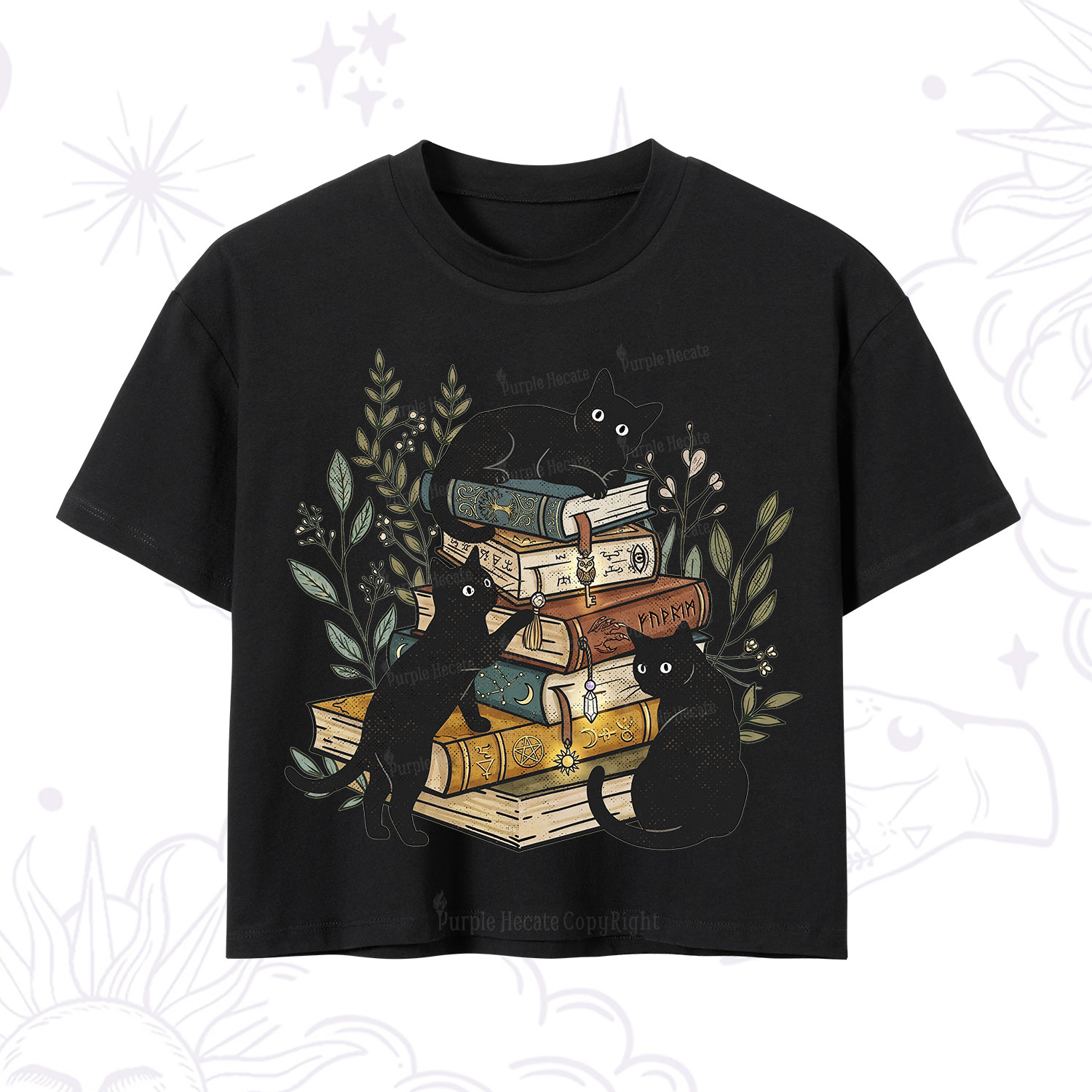 Purplehecate Enchanted Library Three Black Cats Crop T-Shirt