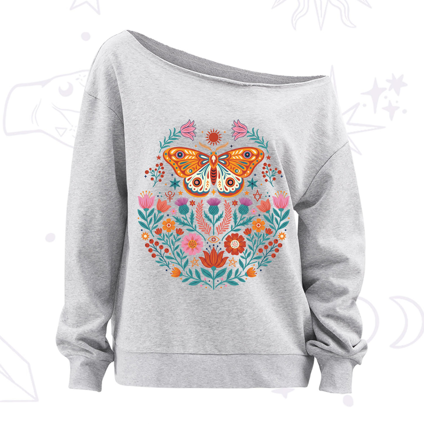 Purplehecate Boho Colorful Celestial Moth Off The Shoulder Sweatshirt
