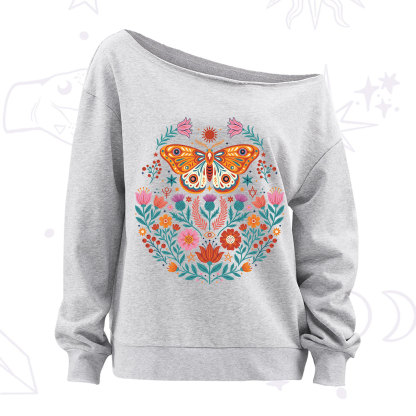 Purplehecate Boho Colorful Celestial Moth Off The Shoulder Sweatshirt