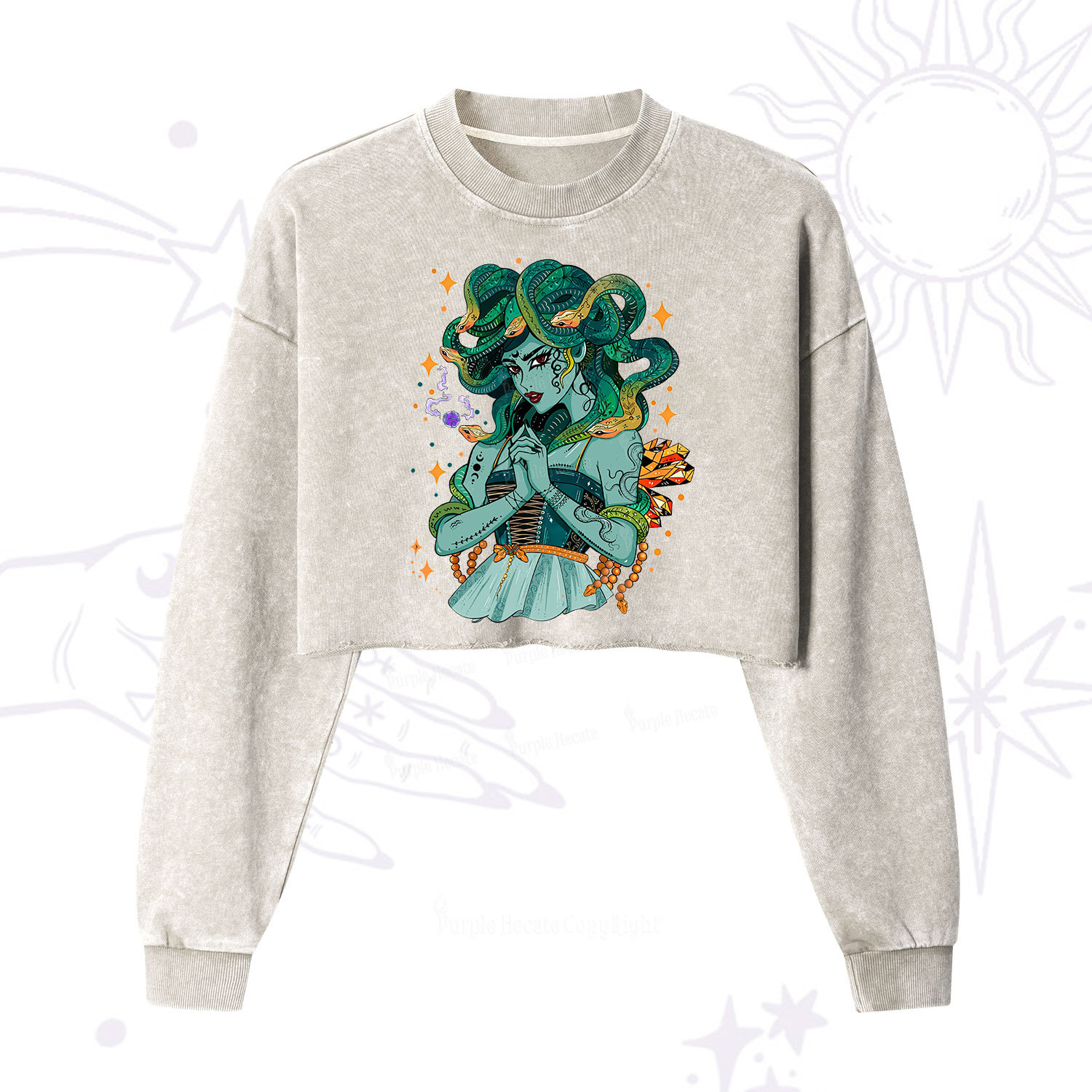 Purplehecate The Gorgon Medusa Cropped Washed Sweatshirt