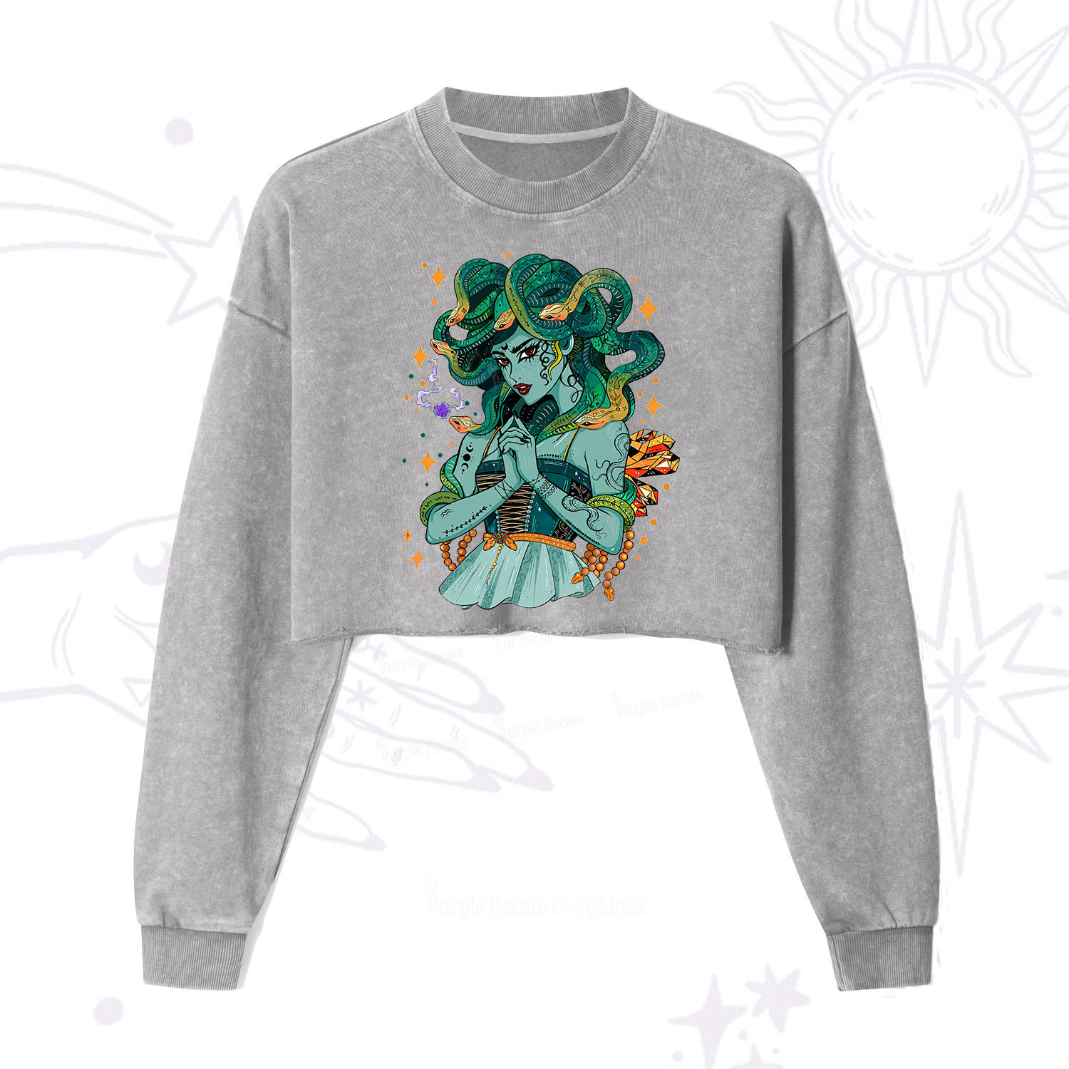 Purplehecate The Gorgon Medusa Cropped Washed Sweatshirt
