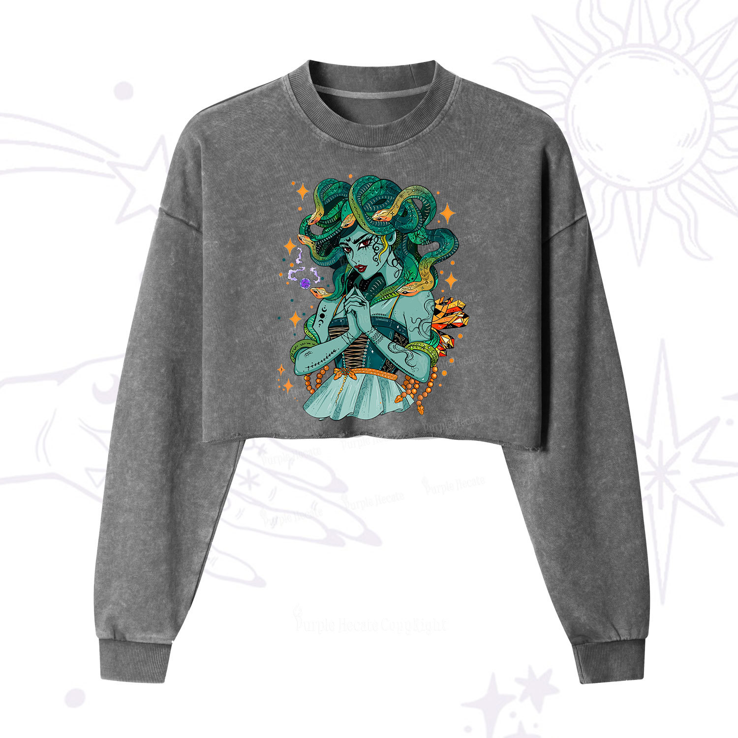 Purplehecate The Gorgon Medusa Cropped Washed Sweatshirt