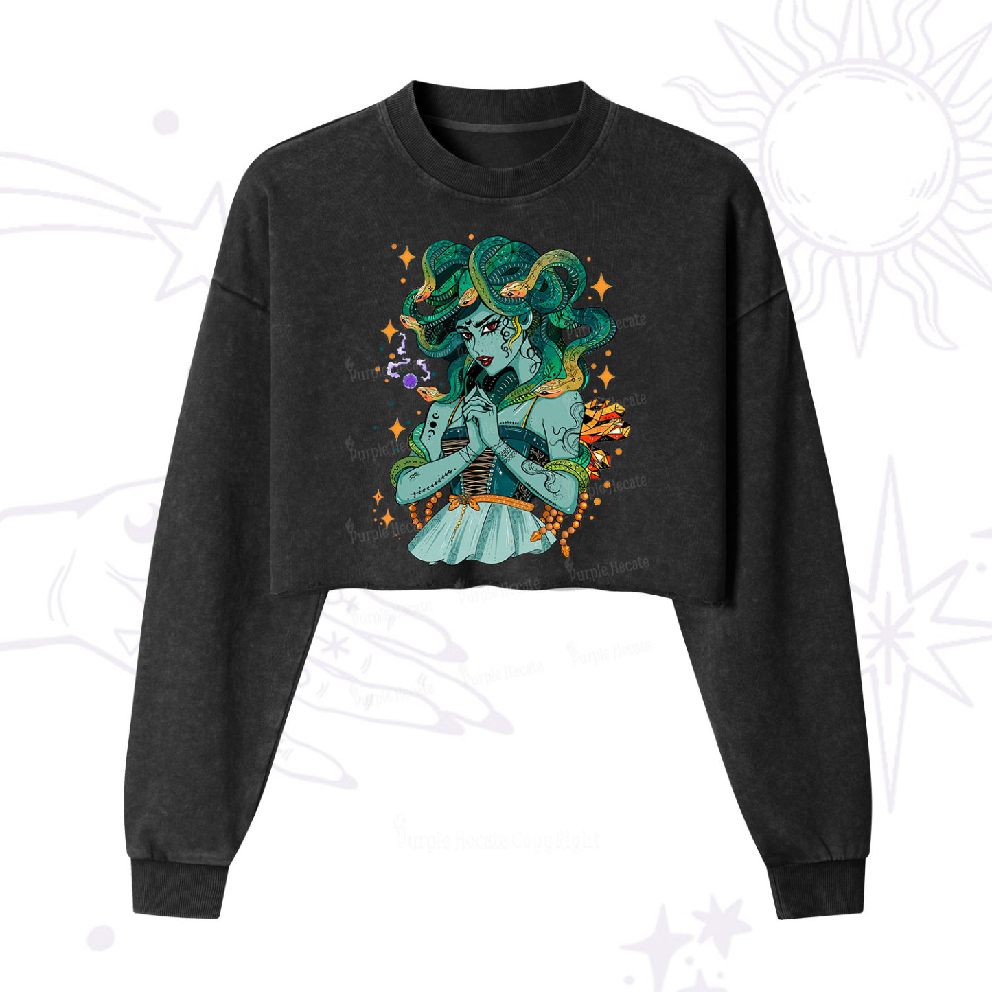 Purplehecate The Gorgon Medusa Cropped Washed Sweatshirt