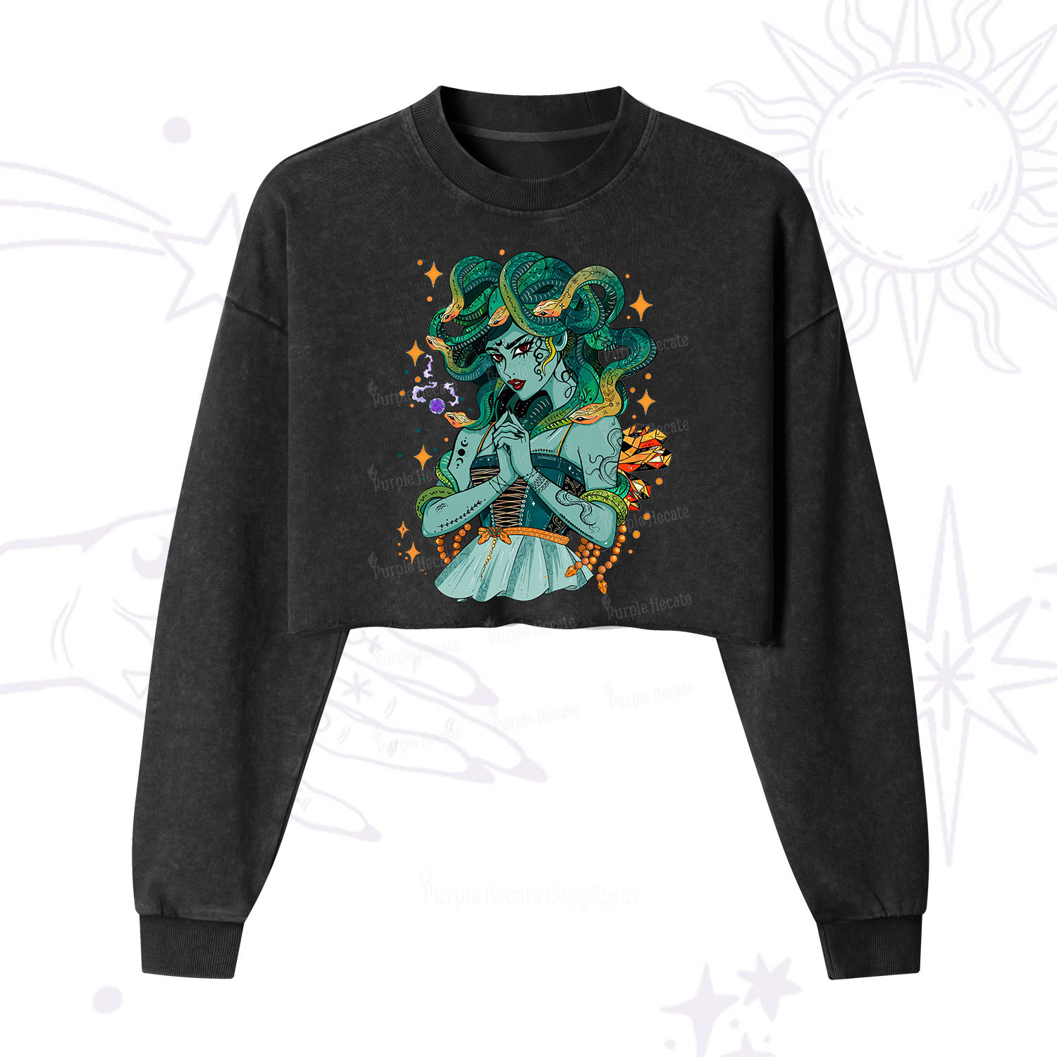 Purplehecate The Gorgon Medusa Cropped Washed Sweatshirt