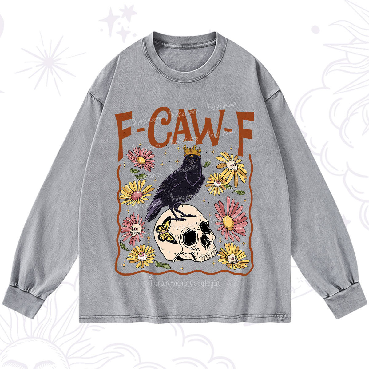 Purplehecate Funny F-Caw-F Crow Washed Long Sleeve Shirt