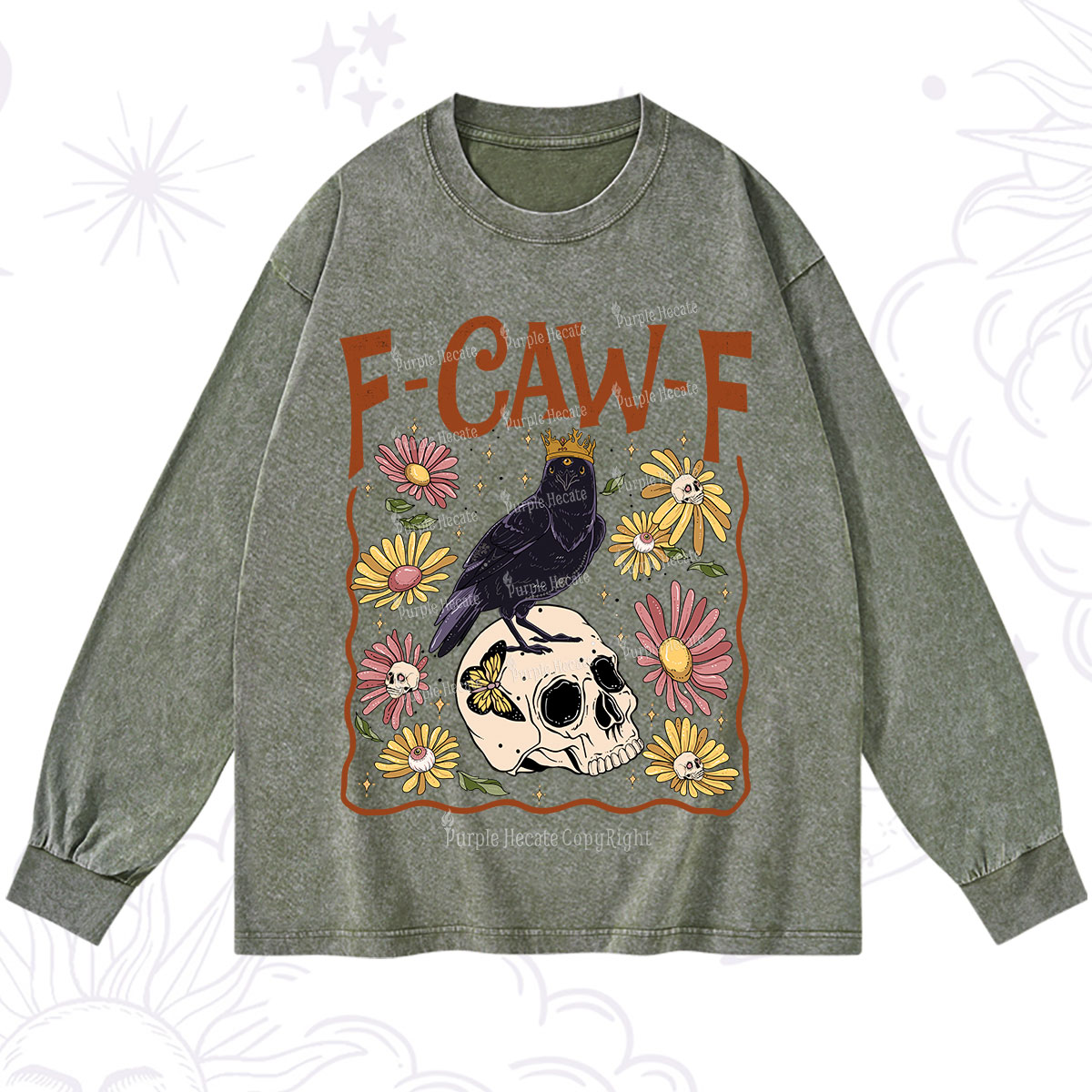 Purplehecate Funny F-Caw-F Crow Washed Long Sleeve Shirt