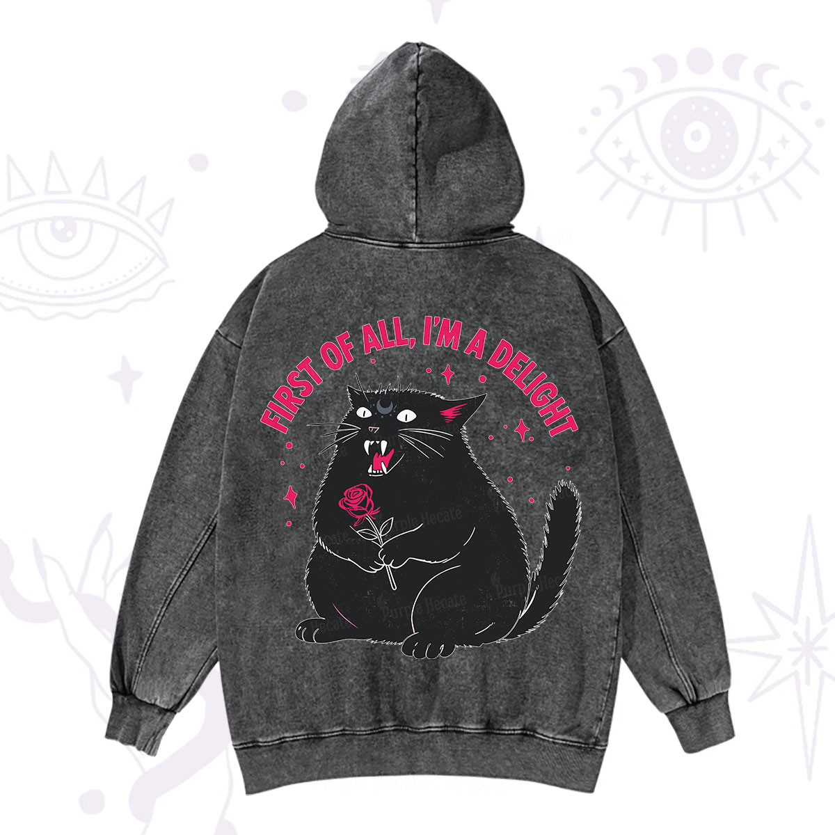 Purplehecate First Of All I'm A Delight Cat Washed Hoodie