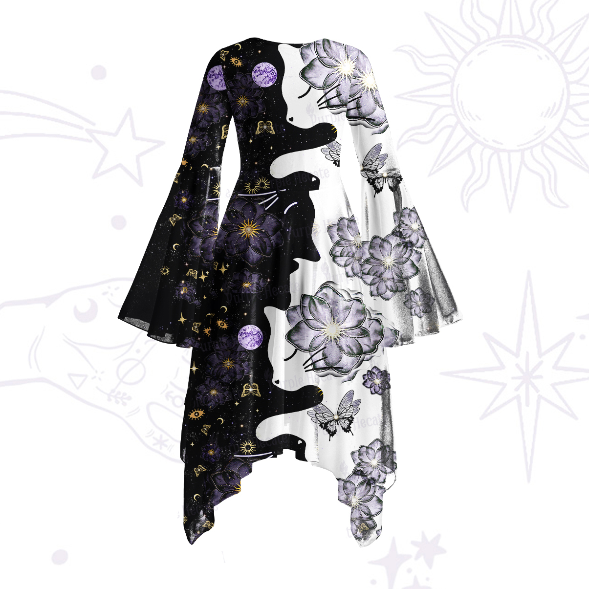 Purplehecate Starlit Cats & Butterflies Bell Sleeve Dress