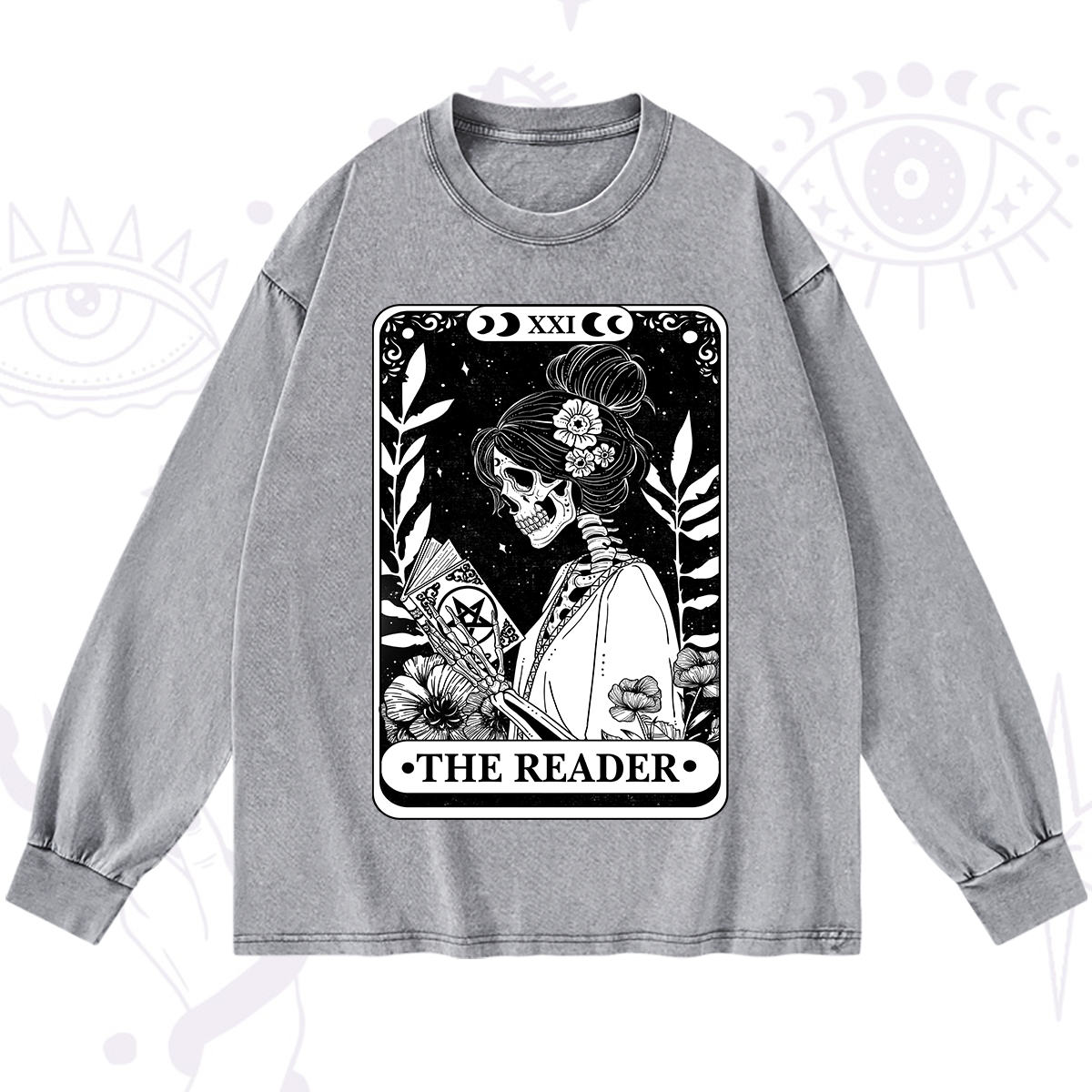 Purplehecate The Reader Skeleton Tarot Washed Long Sleeve Shirt