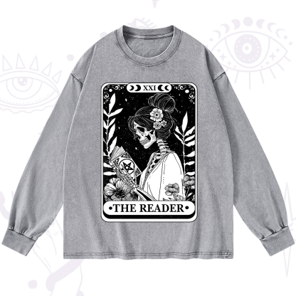 Purplehecate The Reader Skeleton Tarot Washed Long Sleeve Shirt