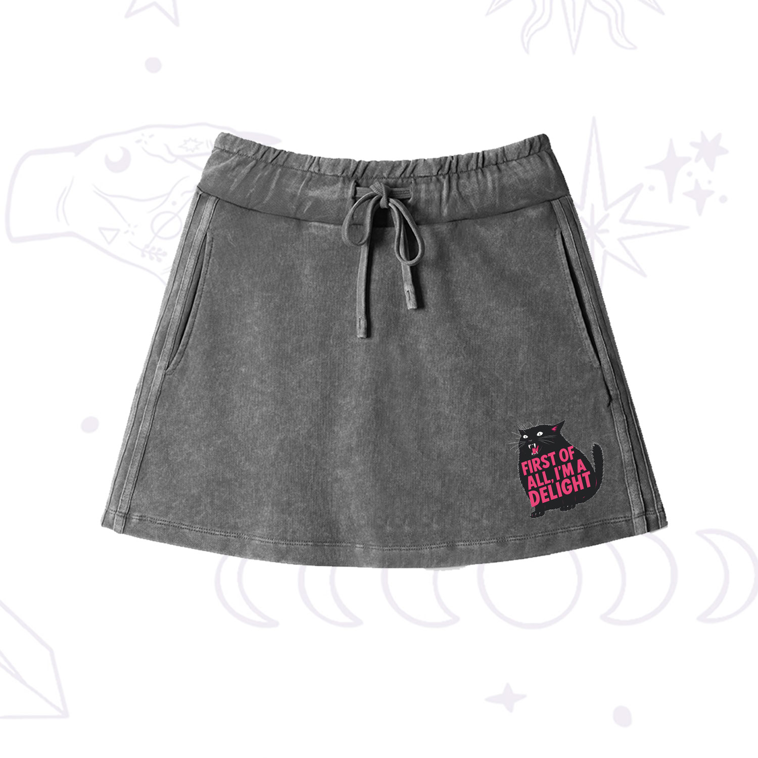 Purplehecate First Of All I'm A Delight Cat Washed Drawstring Mini Skirt