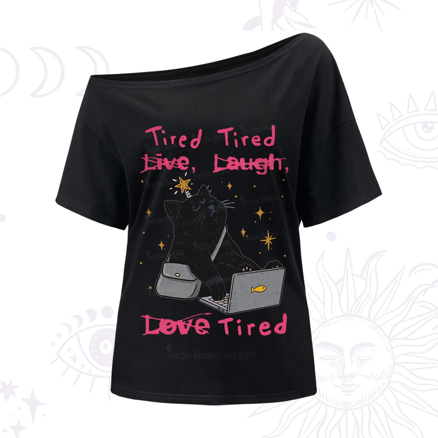 Purplehecate Tired Cat One Shoulder T-Shirt