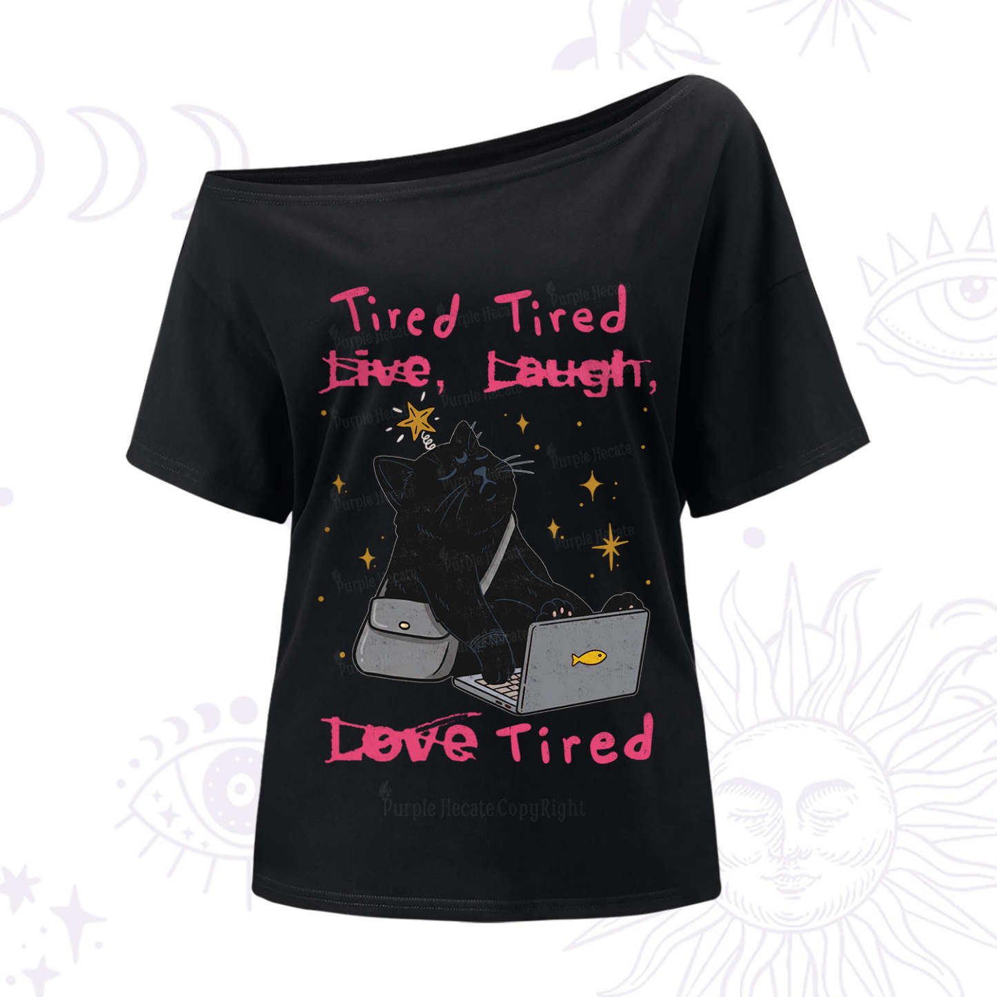 Purplehecate Tired Cat One Shoulder T-Shir