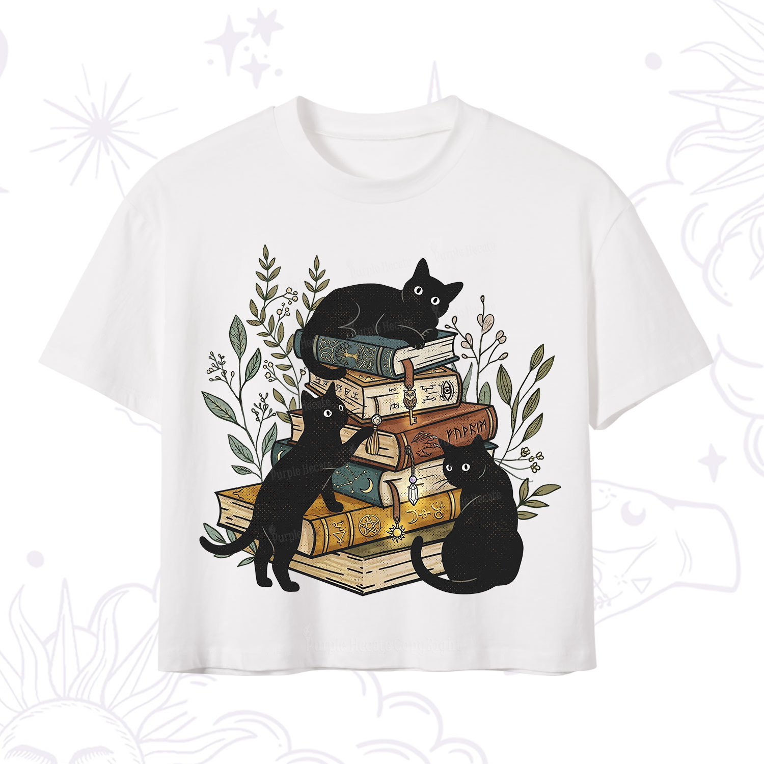 Purplehecate Enchanted Library Three Black Cats Crop T-Shirt