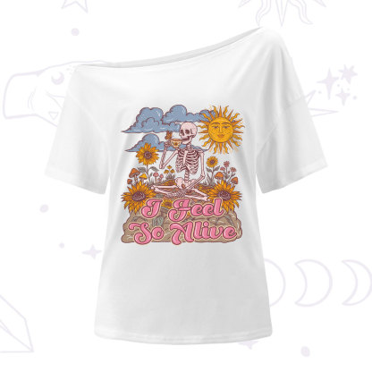 Purplehecate I feel So Alive Dancing Sarcastic Skeleton One Shoulder T-Shirt