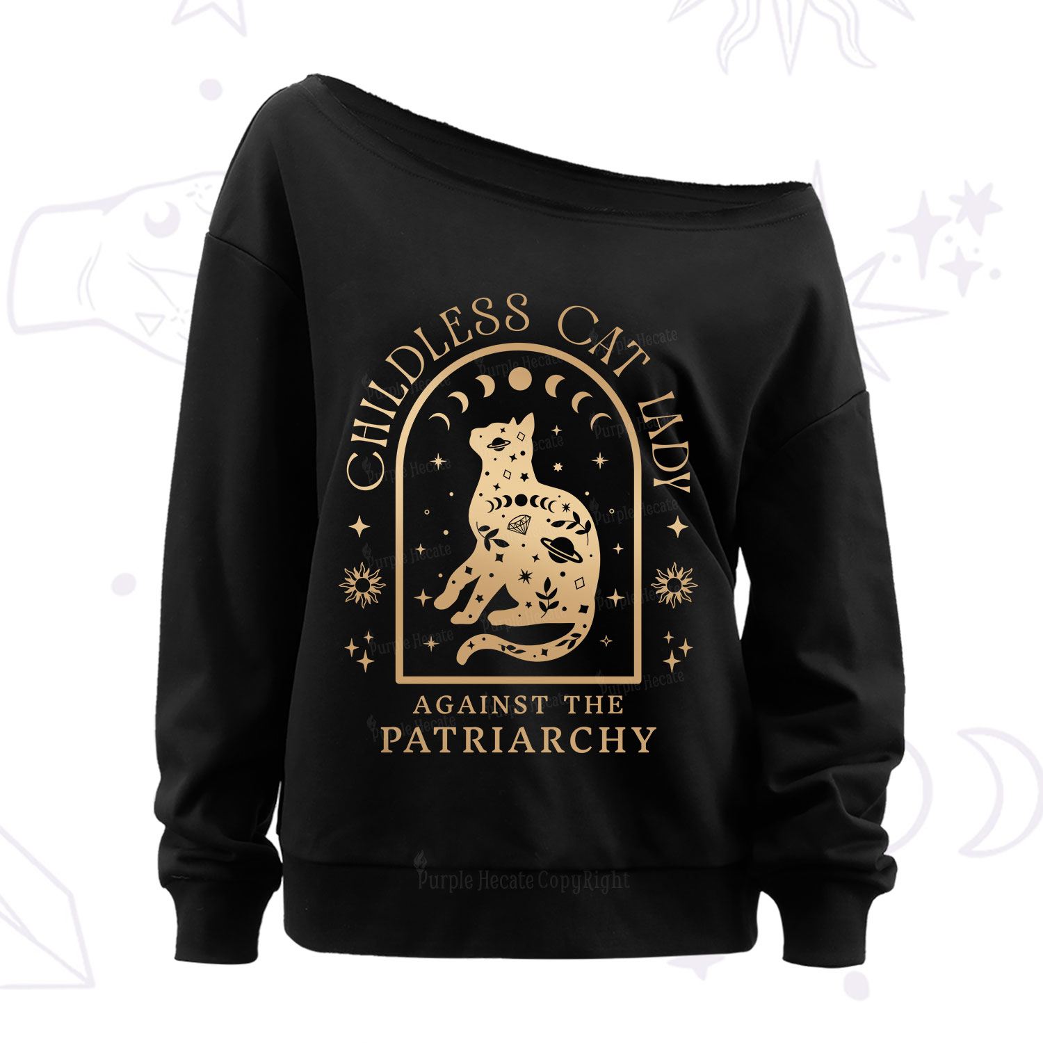 Purplehecate Childless Cat Lady Against the Patriarchy Off The Shoulder Sweatshirt