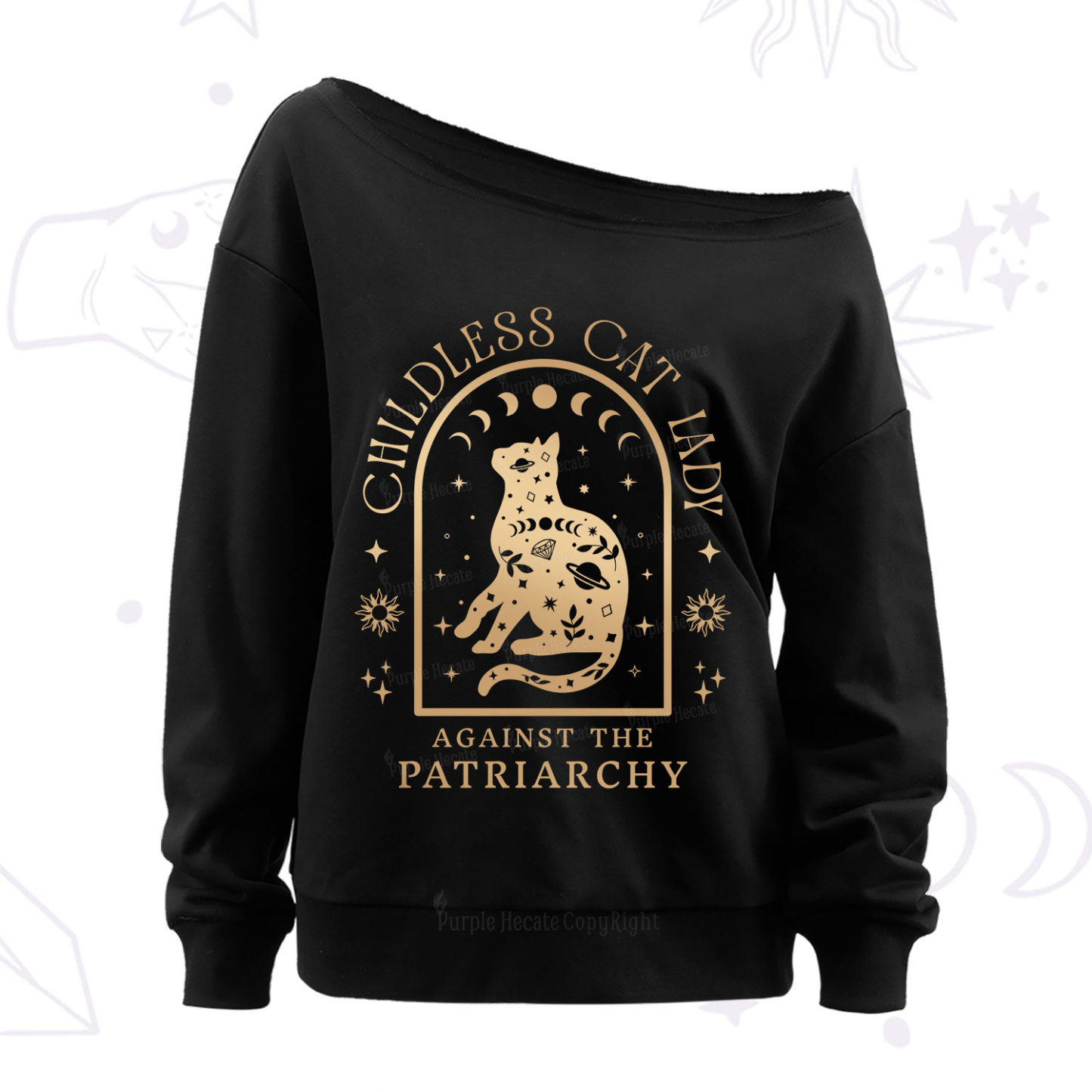 Purplehecate Childless Cat Lady Against the Patriarchy Off The Shoulder Sweatshirt