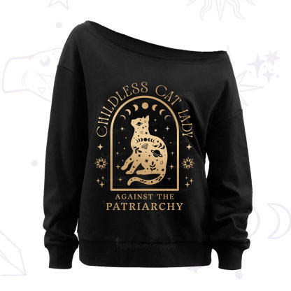 Purplehecate Childless Cat Lady Against the Patriarchy Off The Shoulder Sweatshirt