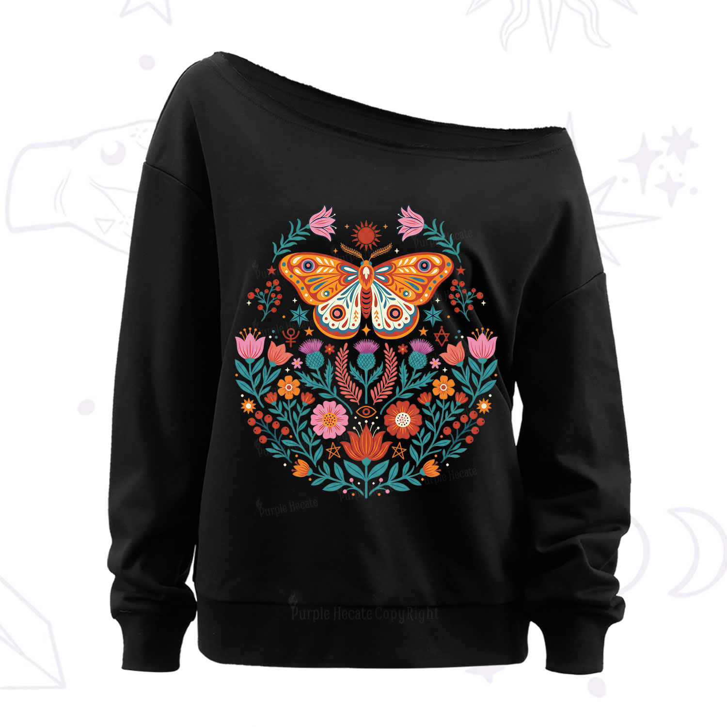 Purplehecate Boho Colorful Celestial Moth Off The Shoulder Sweatshirt