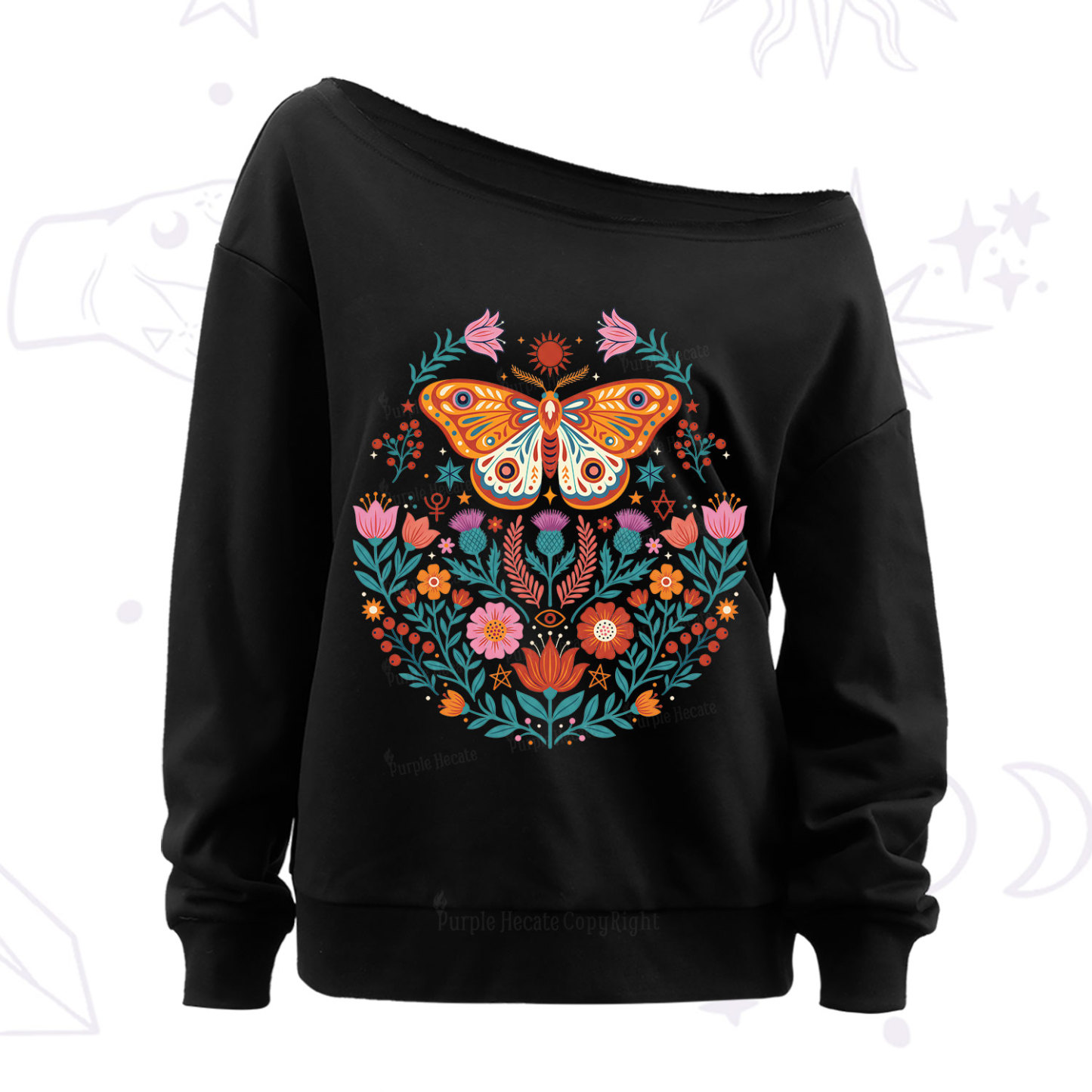 Purplehecate Boho Colorful Celestial Moth Off The Shoulder Sweatshirt