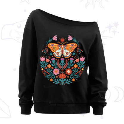 Purplehecate Boho Colorful Celestial Moth Off The Shoulder Sweatshirt