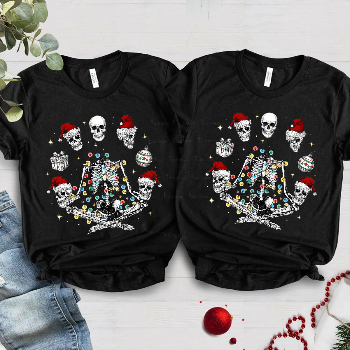 Purplehecate Skeleton Heads Christmas Couple T-Shirts