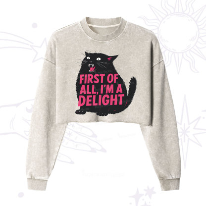 Purplehecate First Of All I'm A Delight Cat Cropped Washed Sweatshirt