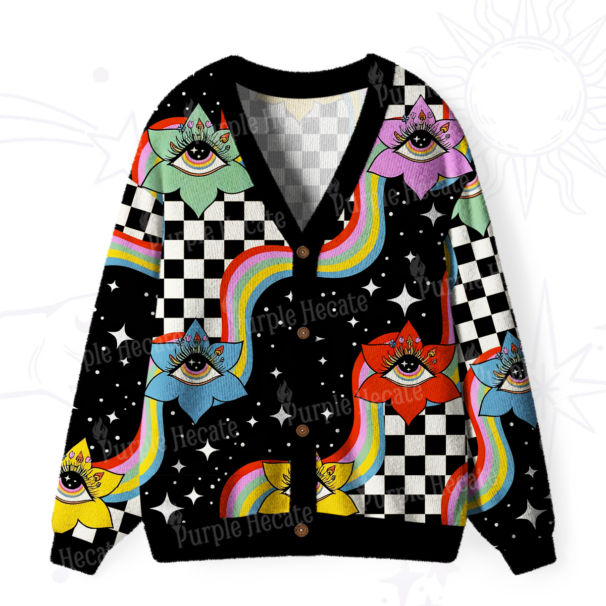 Purplehecate Enchanted Eye Blossom Ugly Cardigan Sweaters