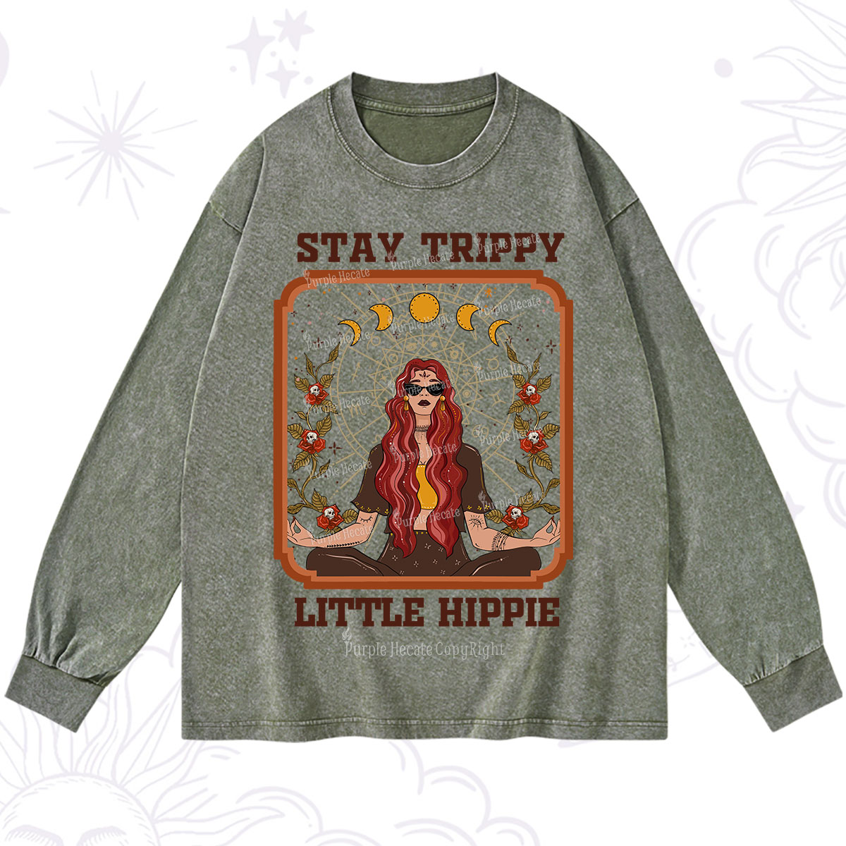 Purplehecate Stay Trippy Little Witchy Hippie Washed Long Sleeve Shirt