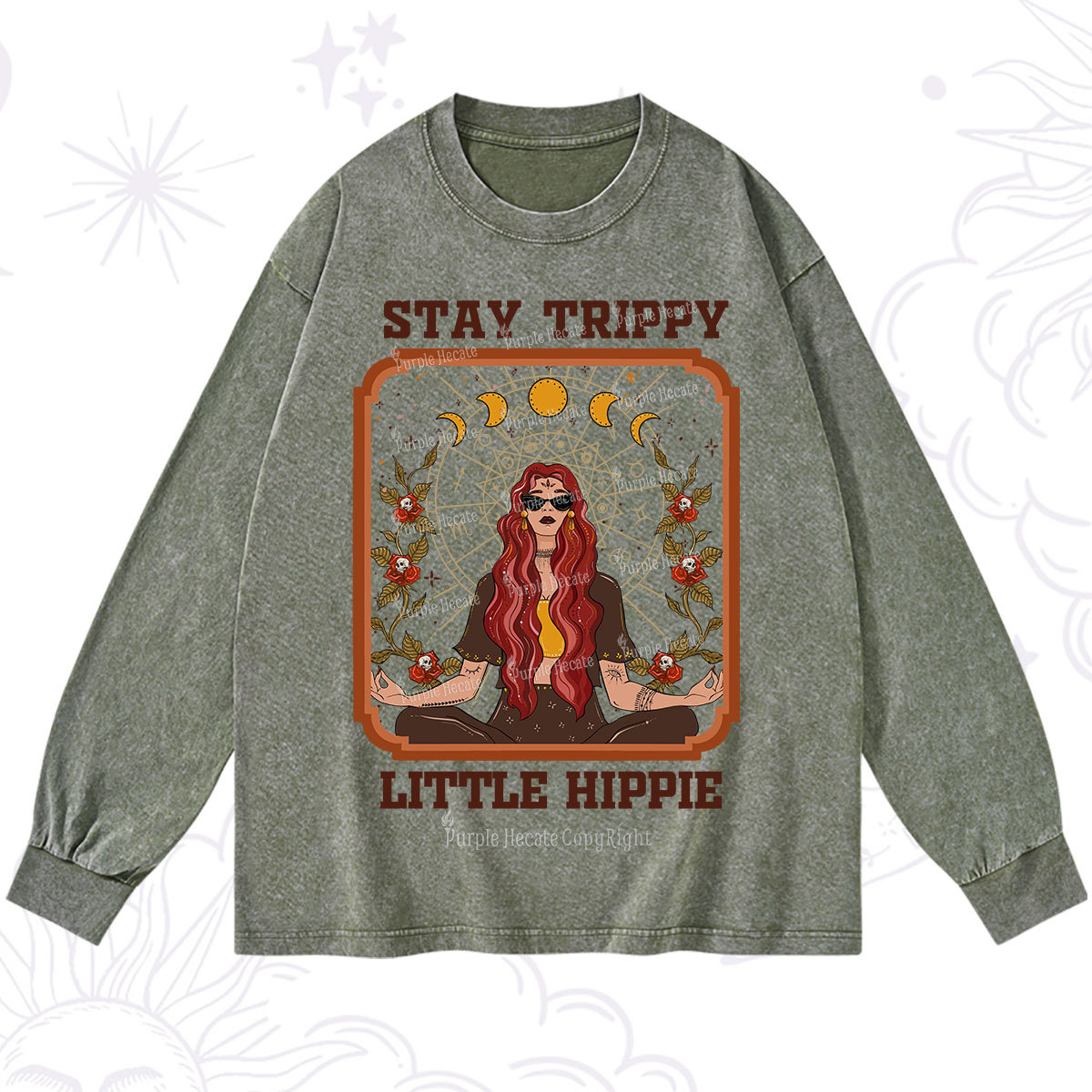 Purplehecate Stay Trippy Little Witchy Hippie Washed Long Sleeve Shirt