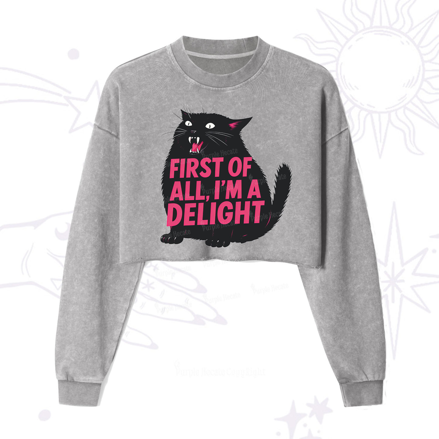 Purplehecate First Of All I'm A Delight Cat Cropped Washed Sweatshirt