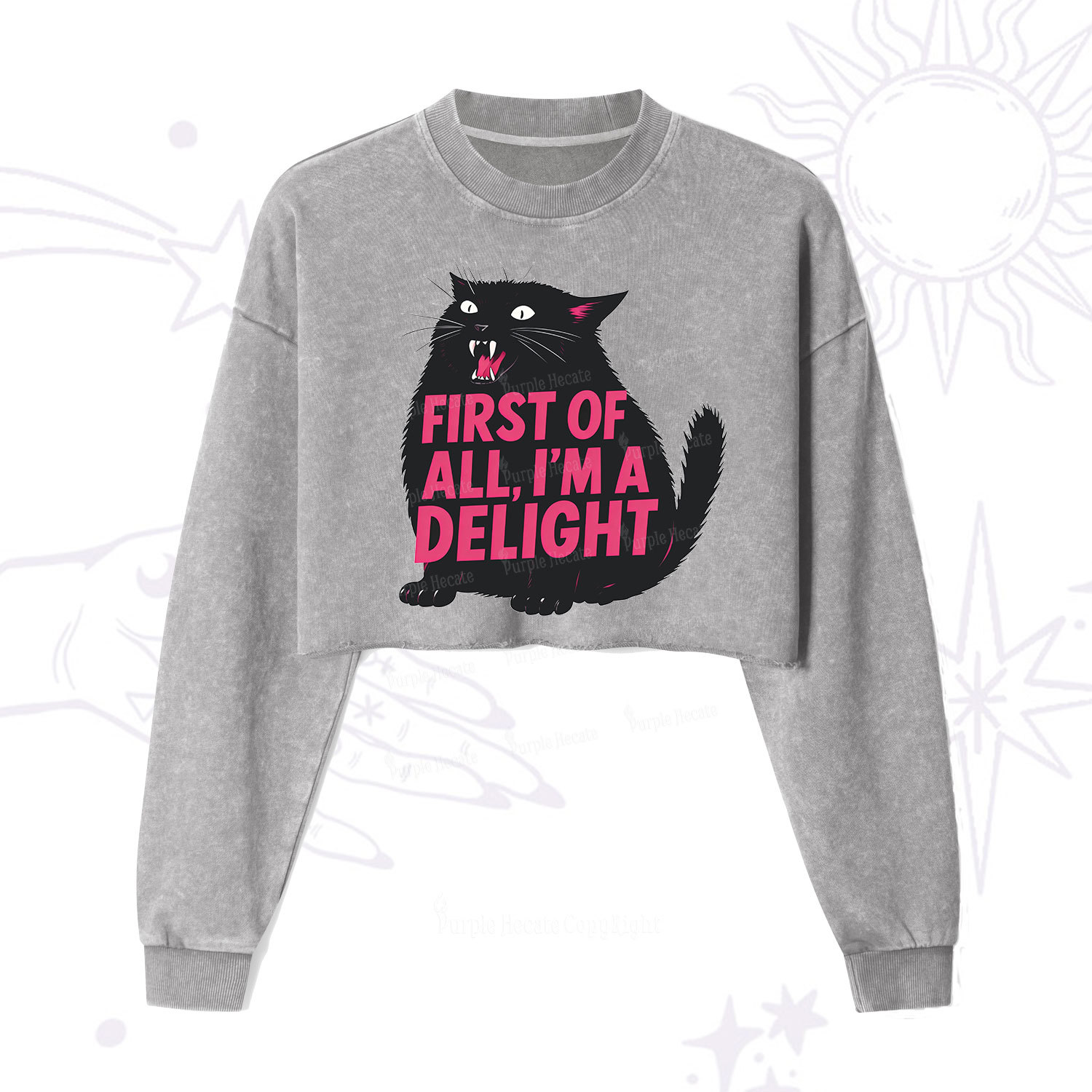 Purplehecate First Of All I'm A Delight Cat Cropped Washed Sweatshirt