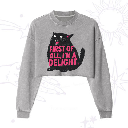 Purplehecate First Of All I'm A Delight Cat Cropped Washed Sweatshirt