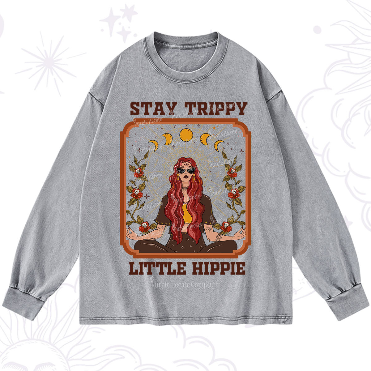 Purplehecate Stay Trippy Little Witchy Hippie Washed Long Sleeve Shirt