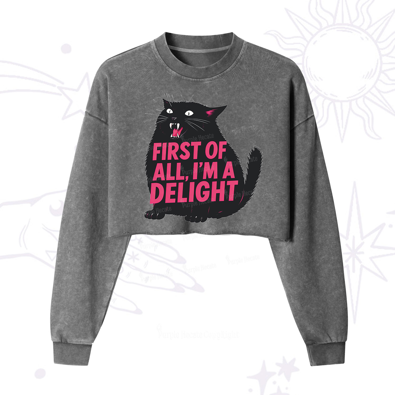 Purplehecate First Of All I'm A Delight Cat Cropped Washed Sweatshirt