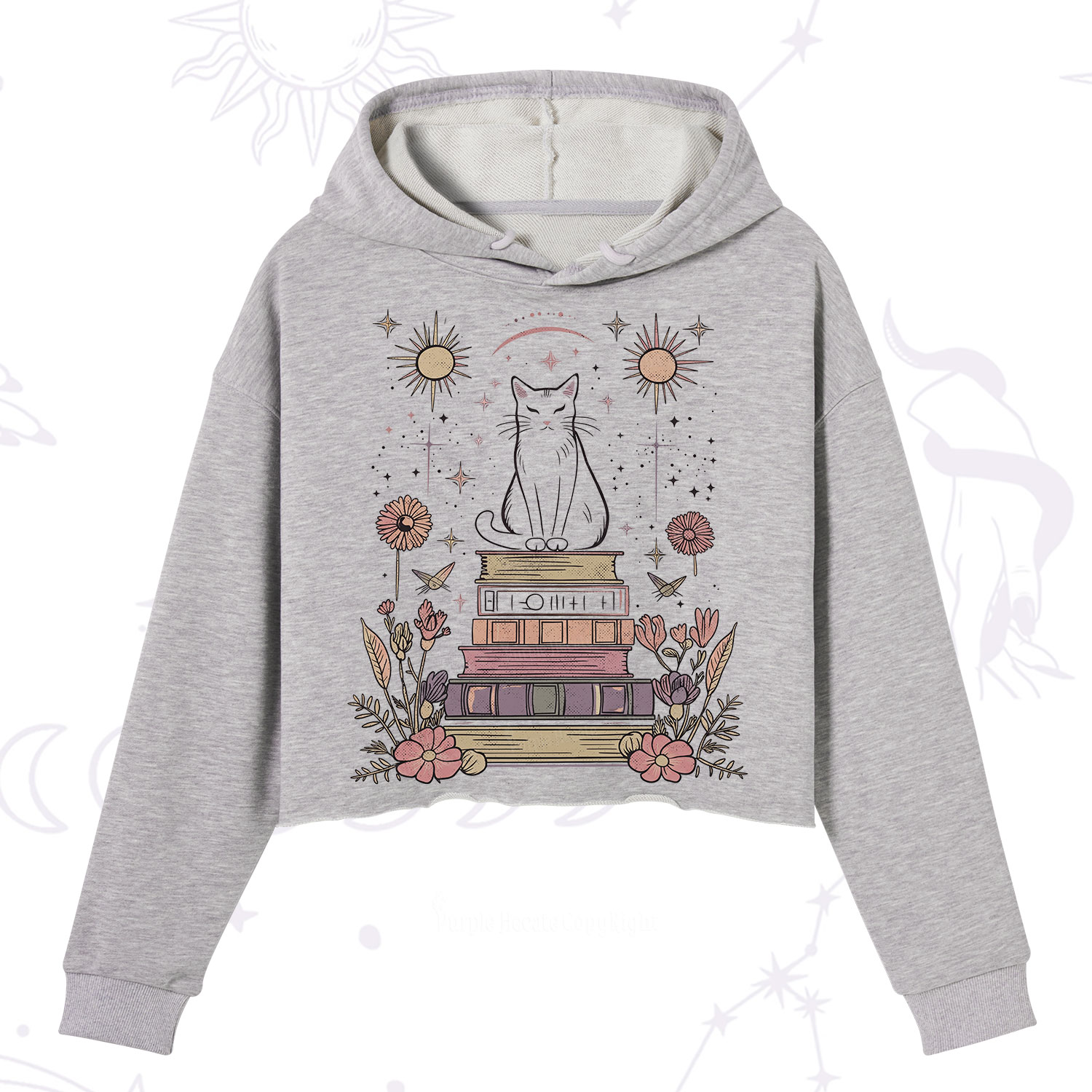 Purplehecate Mystical Cat Reading a Witchy Book Crop Hoodie