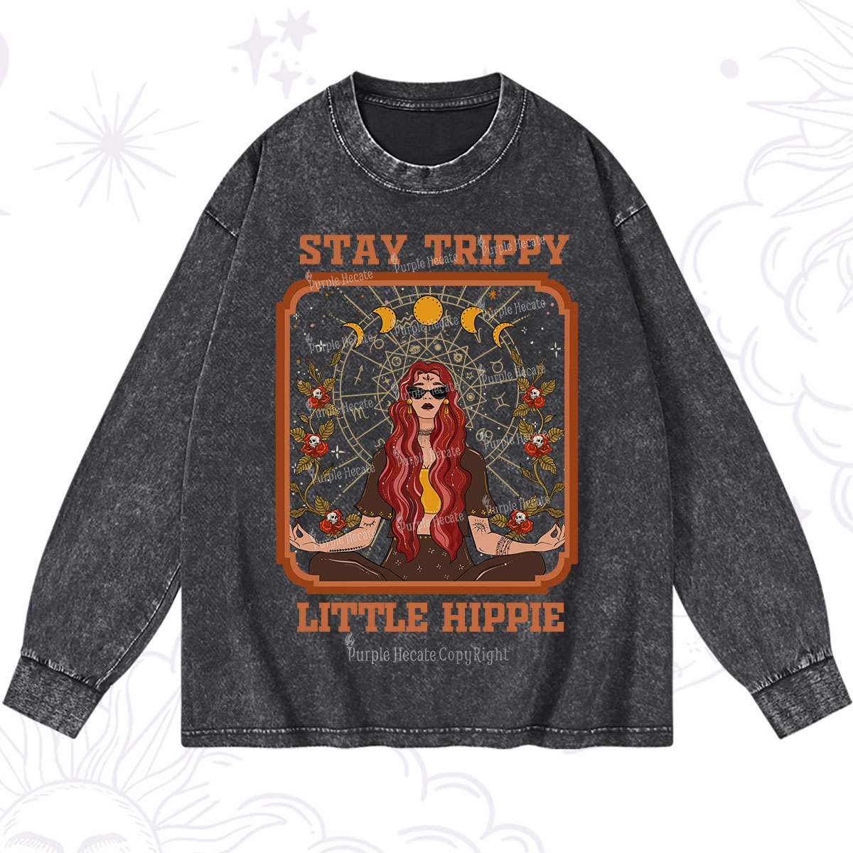 Purplehecate Stay Trippy Little Witchy Hippie Washed Long Sleeve Shirt