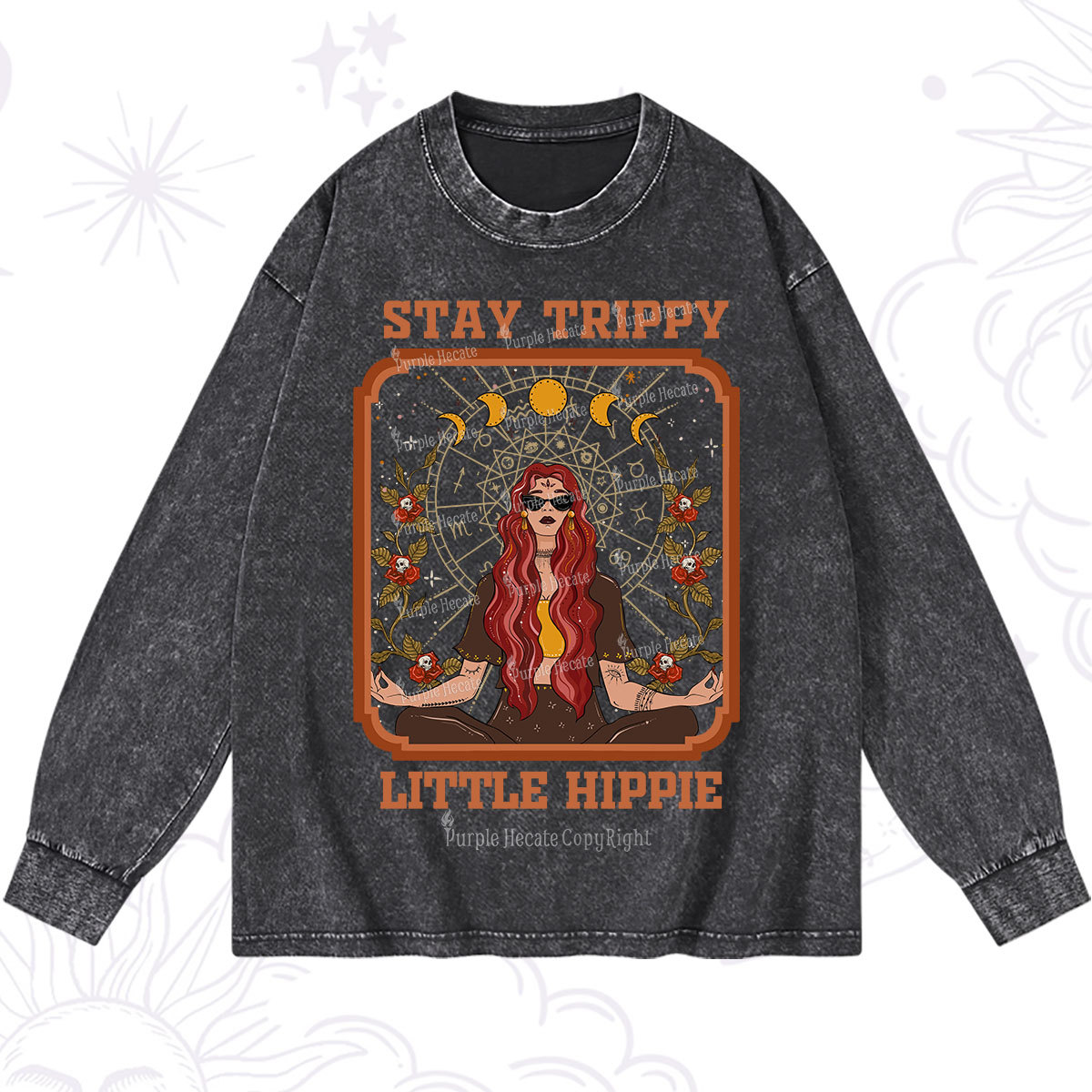 Purplehecate Stay Trippy Little Witchy Hippie Washed Long Sleeve Shirt