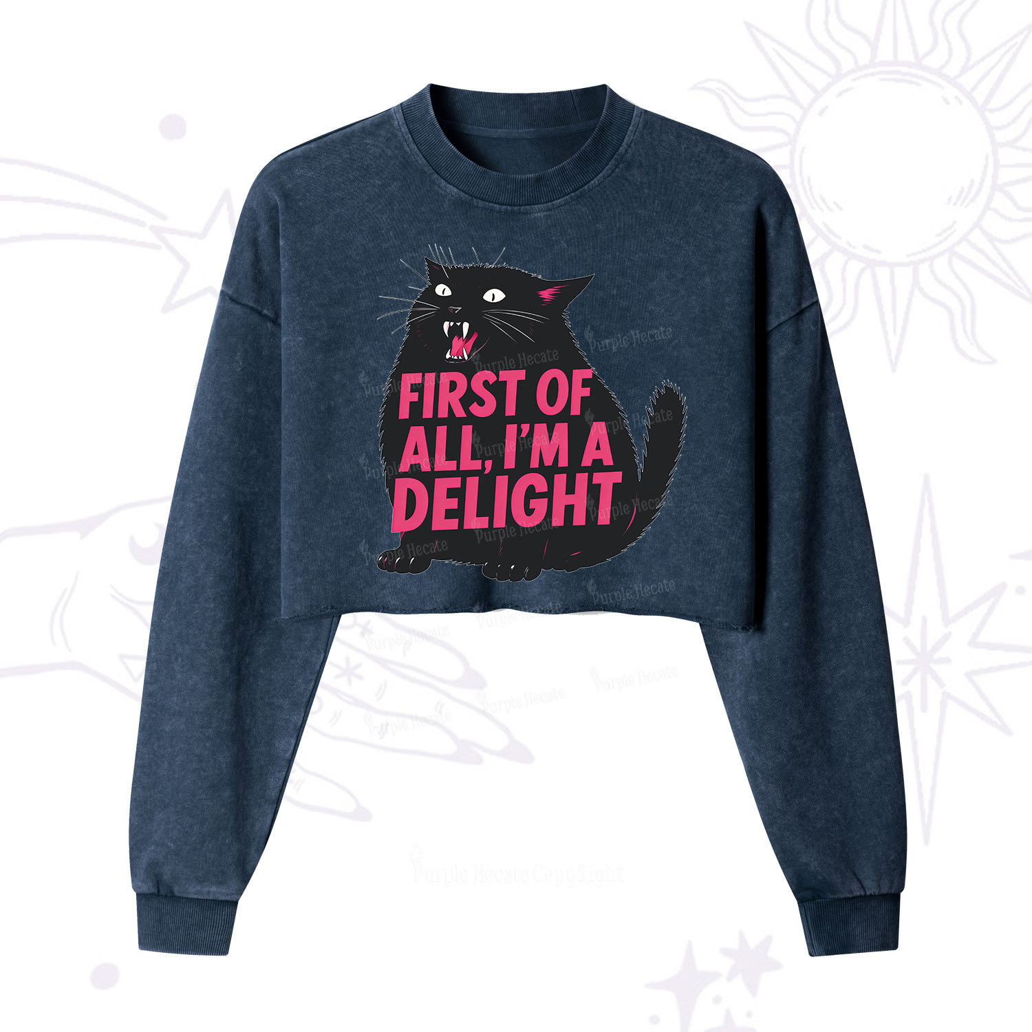 Purplehecate First Of All I'm A Delight Cat Cropped Washed Sweatshirt