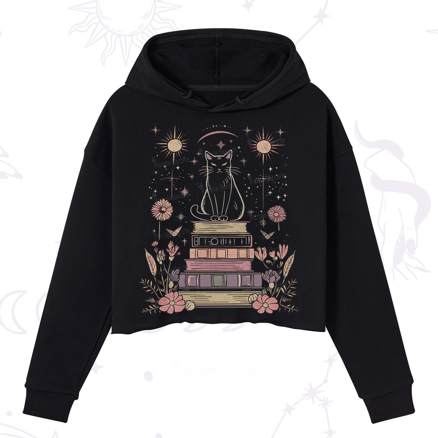 Purplehecate Mystical Cat Reading a Witchy Book Crop Hoodie