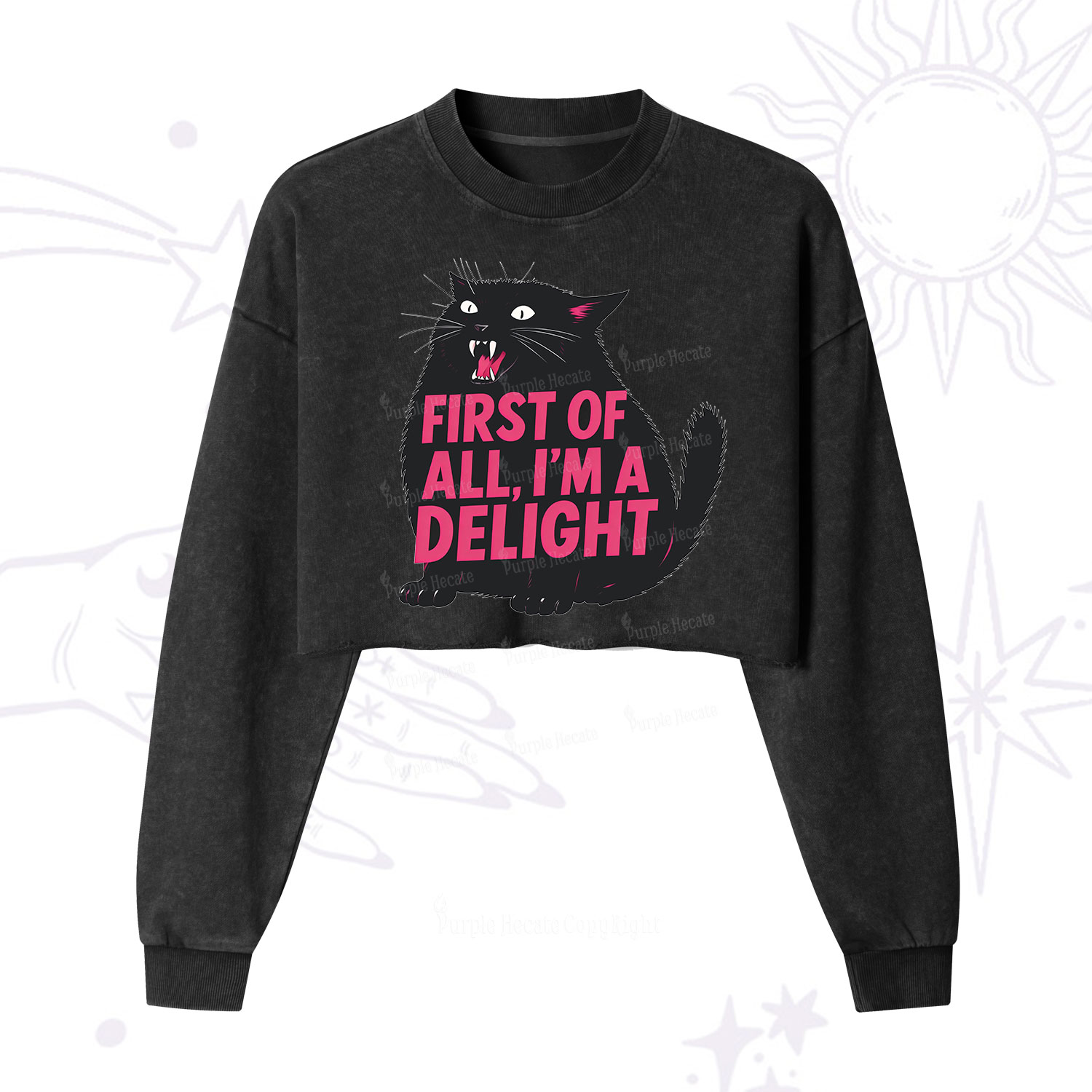 Purplehecate First Of All I'm A Delight Cat Cropped Washed Sweatshirt
