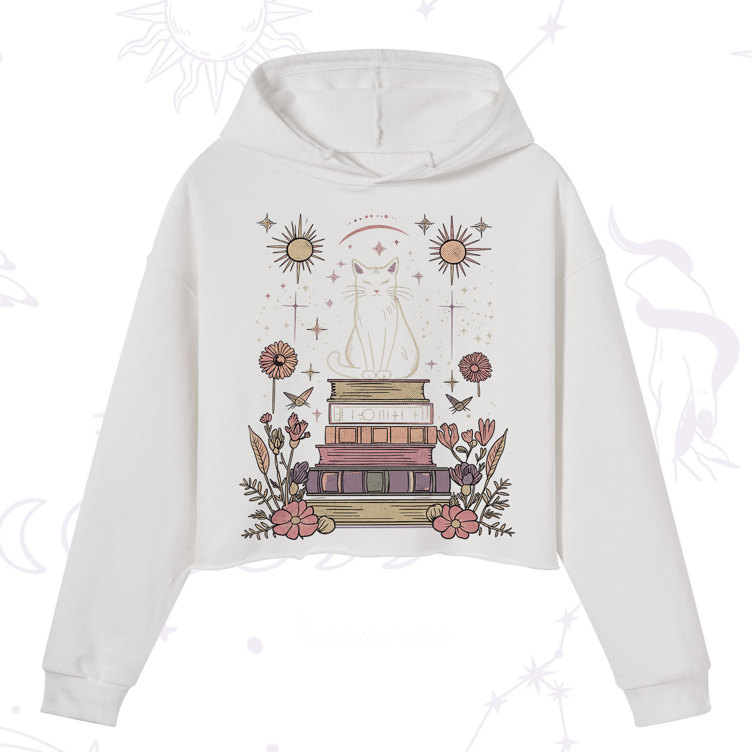 Purplehecate Mystical Cat Reading a Witchy Book Crop Hoodie