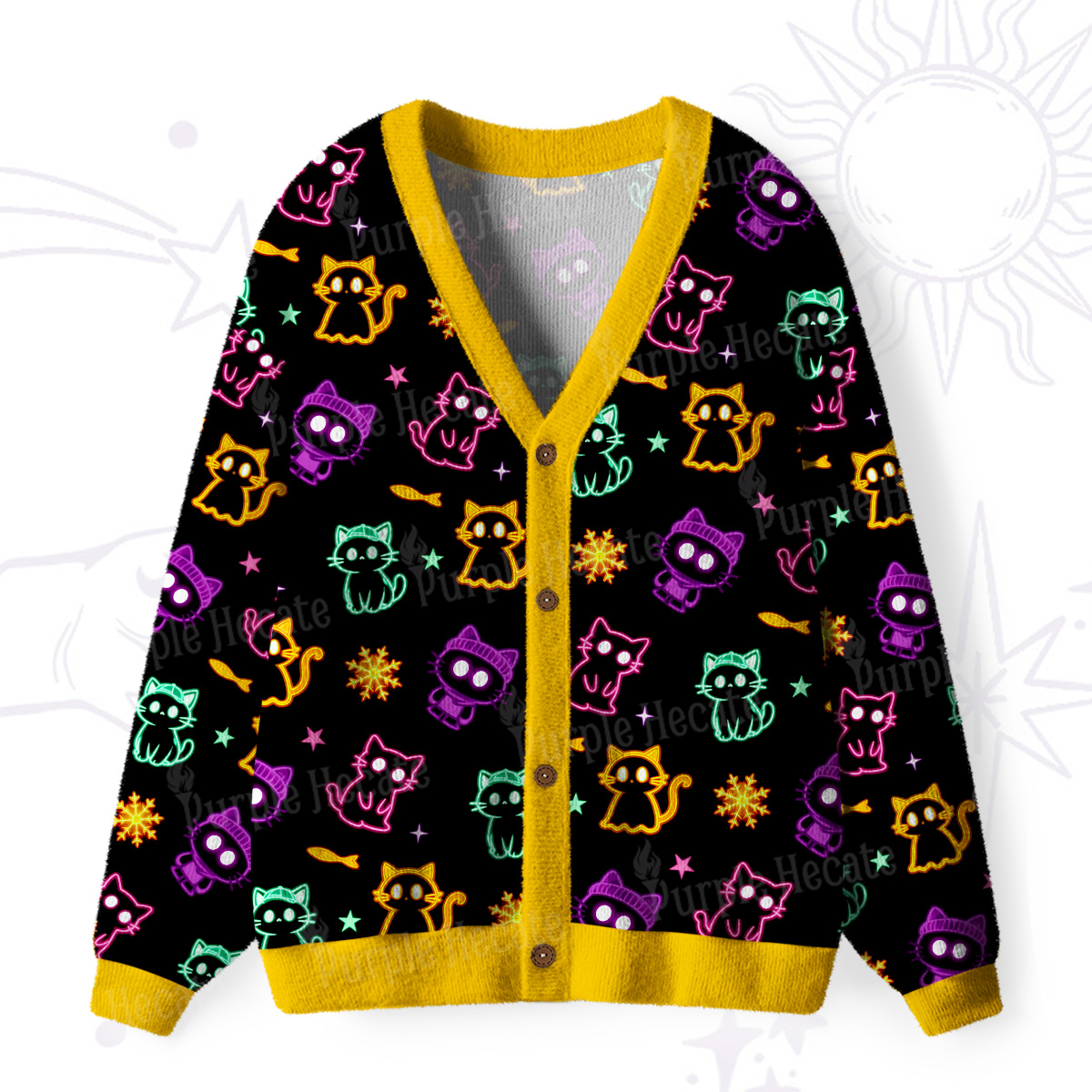 Purplehecate Neon Cat Party Ugly Cardigan Sweaters