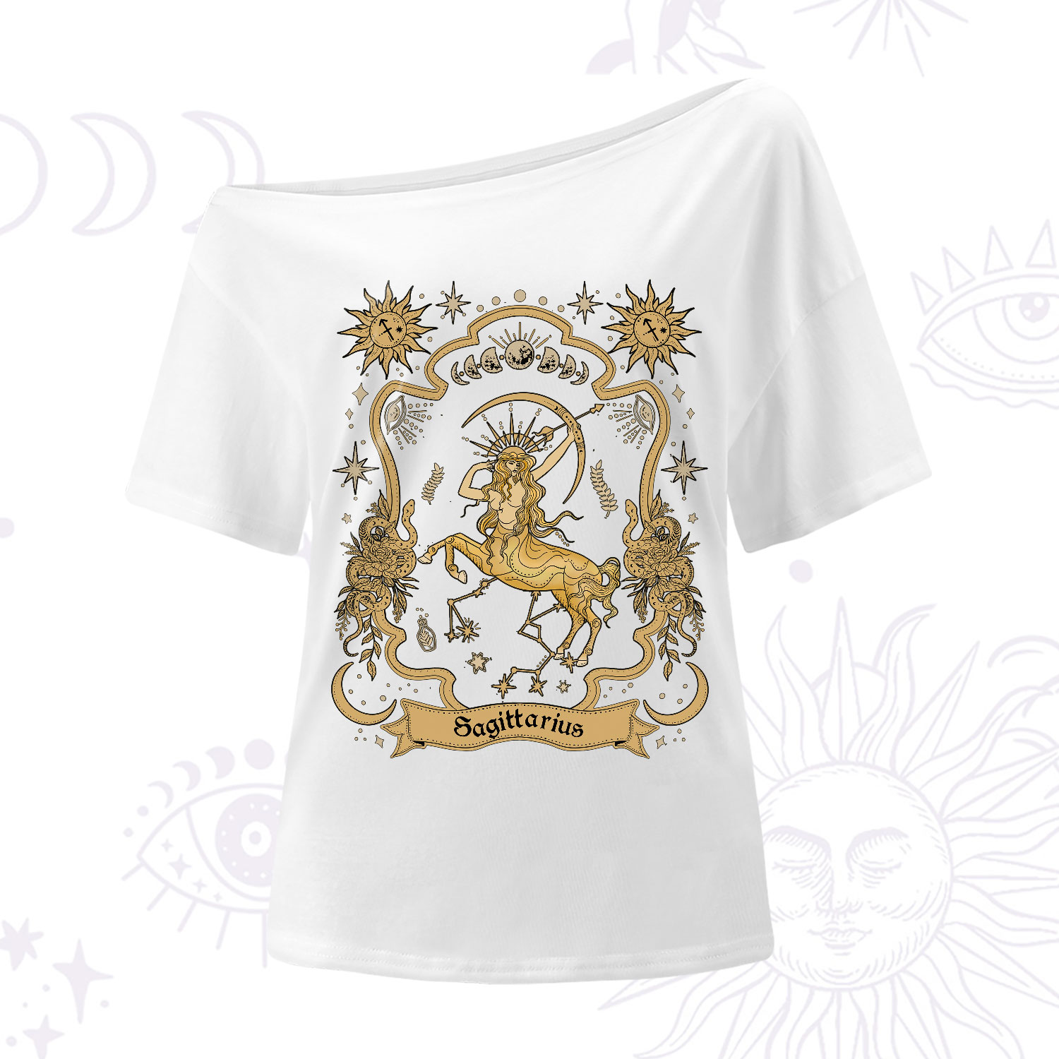 Purplehecate Sagittarius' Astral Mirage Zodiac One-Shoulder T-Shirt