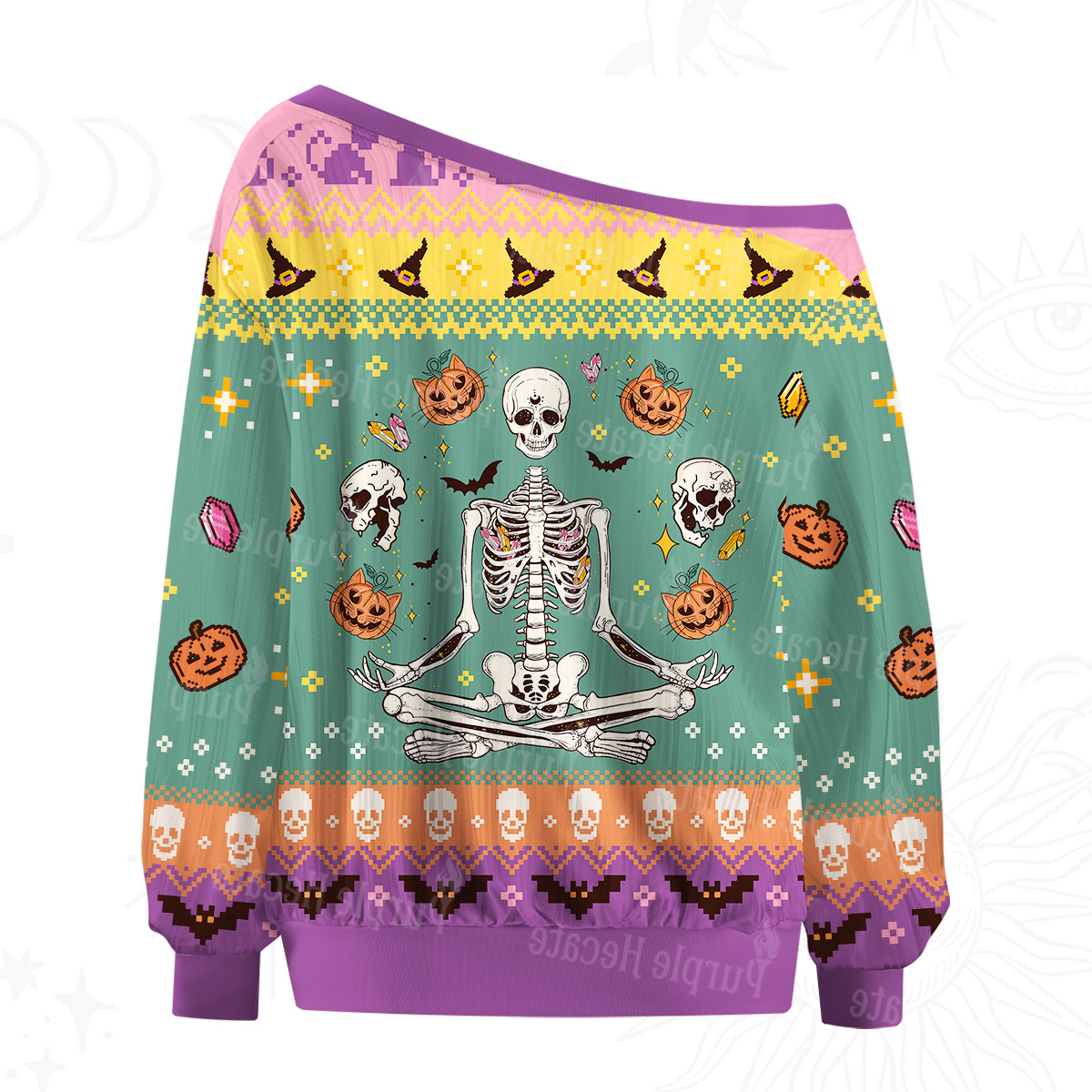 Purplehecate Funny Skeleton Halloween Off The Shoulder Graphic Jersey