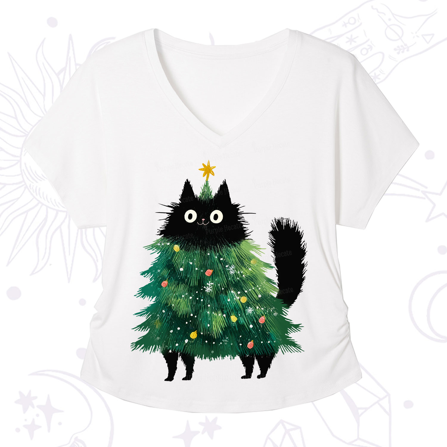 Purplehecate Black Cats Christmas Tree Christmas V-Neck T-Shirt