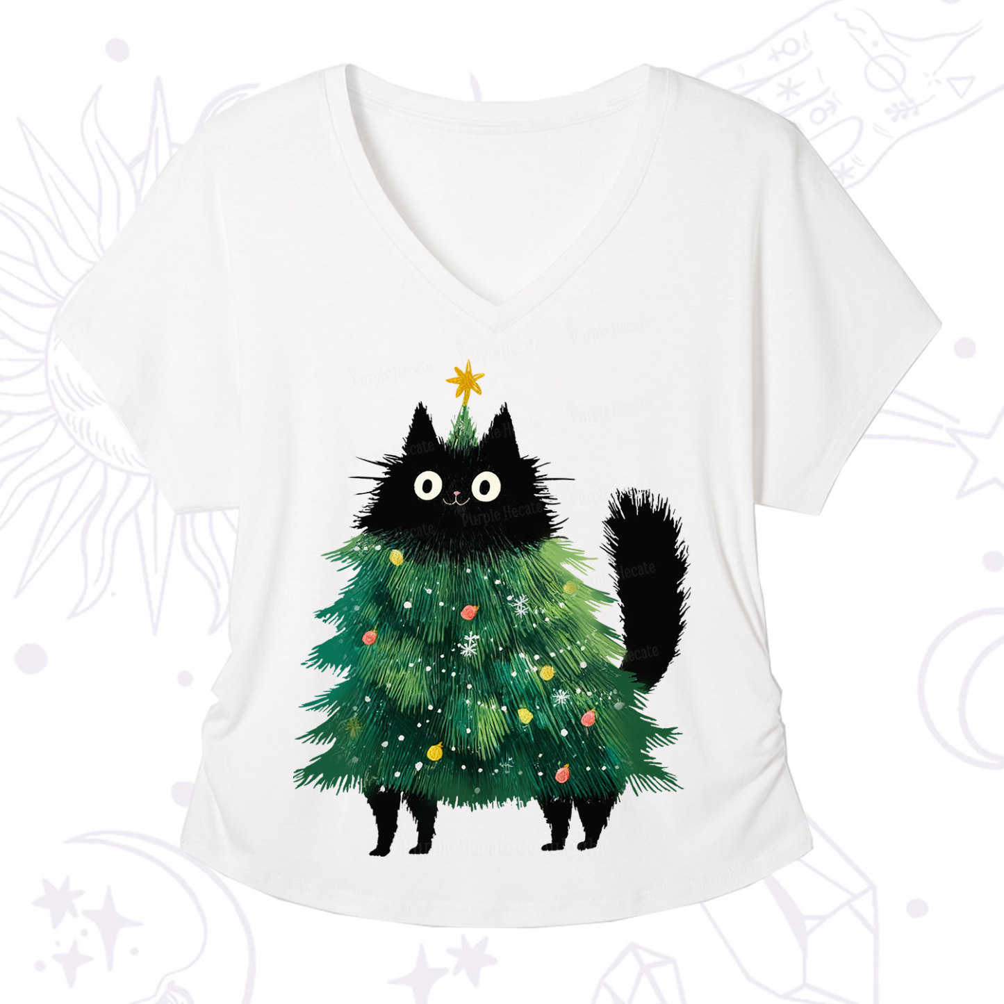 Purplehecate Black Cats Christmas Tree Christmas V-Neck T-Shirt